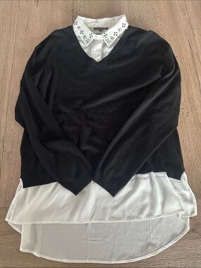 Adrianna Papell Black V-Neck Sweater with White Shirt-Layer Detail